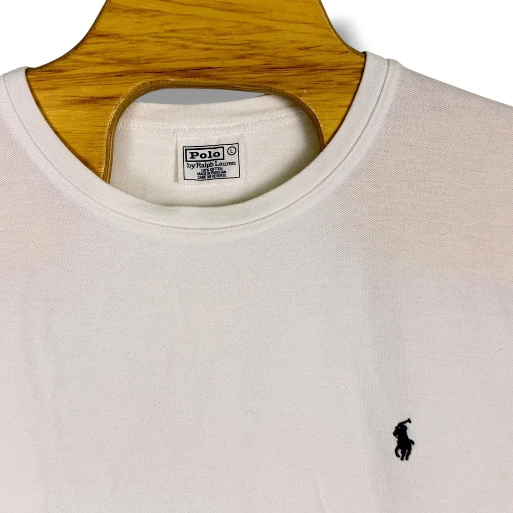 Vintage Polo Ralph Lauren Crewneck Shirt Men Large White Heavy Pique Cotton Pony